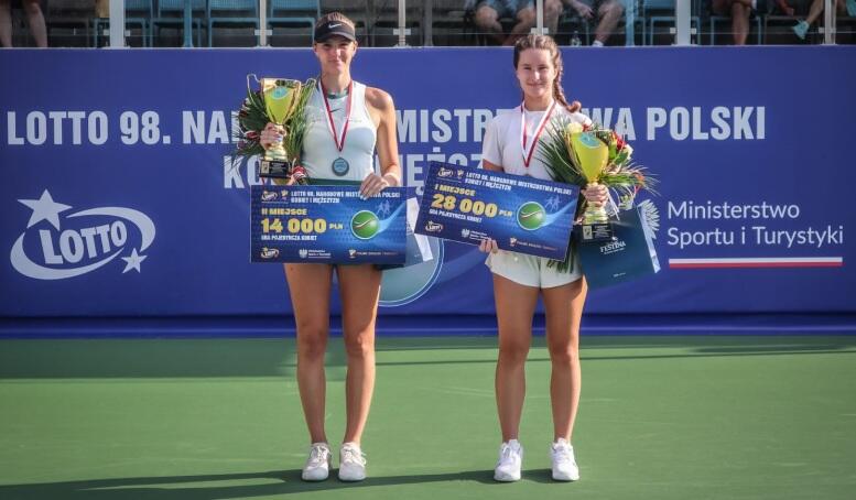 Dwie tenisistki stoją na korcie, w dłoniach mają dyplomy i puchary, na szyi medal