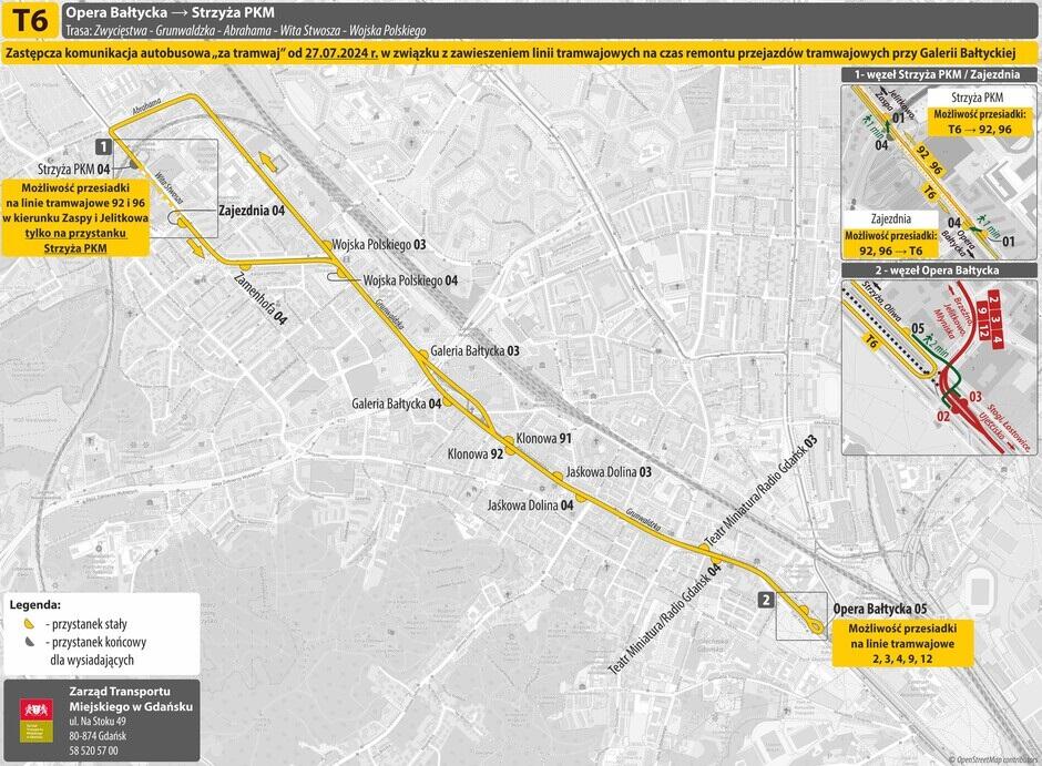 Obraz przedstawia mapę tymczasowej trasy autobusowej T6 w Gdańsku, która zastępuje tramwaje z powodu remontu w okolicach Galerii Bałtyckiej, rozpoczynającego się 27 lipca 2024 roku.