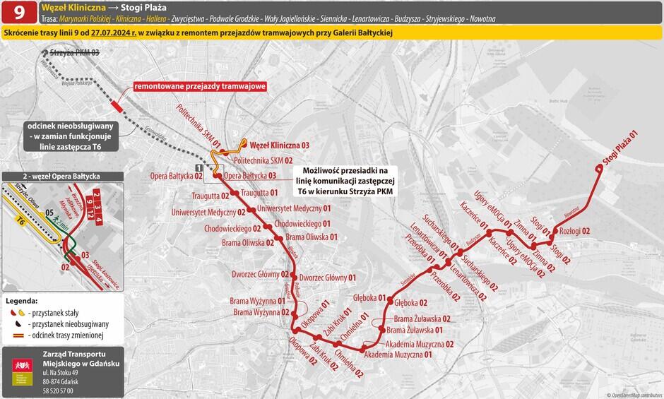 Obraz przedstawia mapę związaną z tymczasowymi zmianami trasy tramwajowej linii 9 w Gdańsku, wynikającymi z remontu przejazdów tramwajowych przy Galerii Bałtyckiej od 27 lipca 2024 roku.