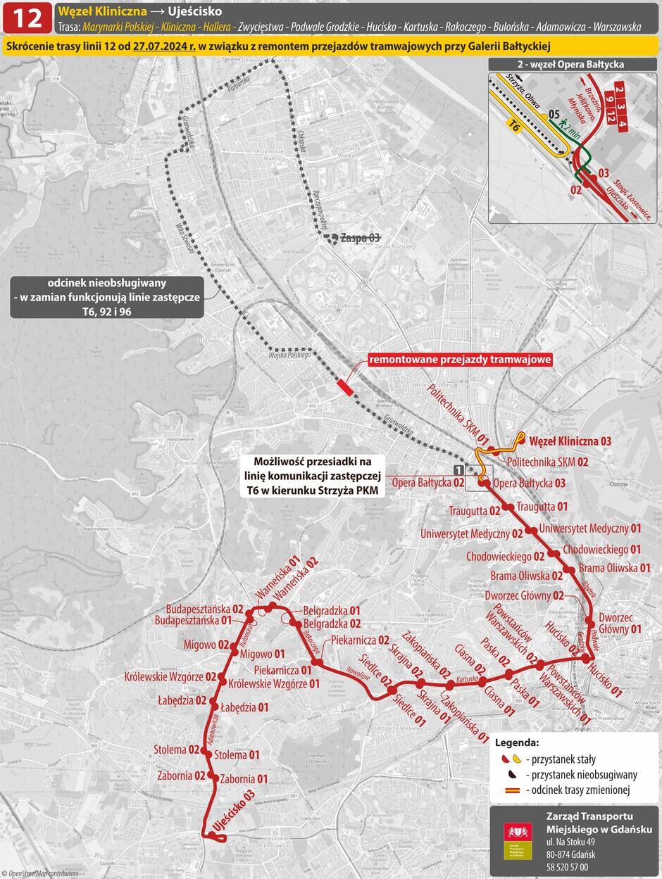 Obraz przedstawia mapę skróconej trasy tramwajowej linii 12 w Gdańsku, która obowiązuje od 27 lipca 2024 roku z powodu remontu przejazdów tramwajowych przy Galerii Bałtyckiej.