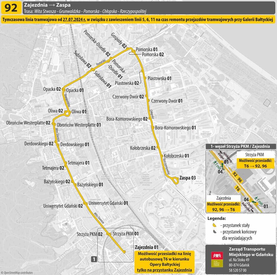 Obraz przedstawia mapę tymczasowej linii tramwajowej 92 w Gdańsku, która obowiązuje od 27 lipca 2024 roku z powodu zawieszenia linii 5, 6, 11 na czas remontu przejazdów tramwajowych przy Galerii Bałtyckiej