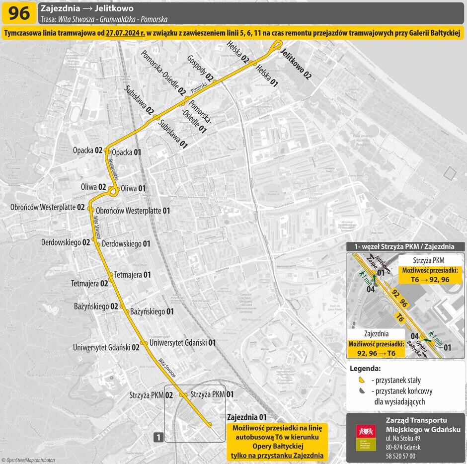 Obraz przedstawia mapę tymczasowej linii tramwajowej 96 w Gdańsku, która obowiązuje od 27 lipca 2024 roku z powodu zawieszenia linii 5, 6, 11 na czas remontu przejazdów tramwajowych przy Galerii Bałtyckiej. 