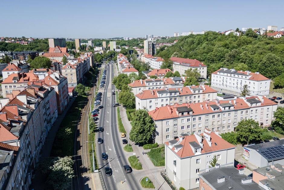 zdjęcie z drona, po środku biegnie ulica dwukierunkowa i po środku torowisko, po obu stronach ulicy rosną zielone drzewa, a za nimi pełna zabudowa kamienic