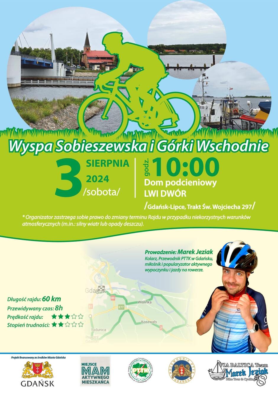 Plakat zapraszający na rajd rowerowy. Na plakacie widać grafikę rowerzysty oraz zdjęcia atrakcji - rzekę, most, łodzie, a także zdjęcie rowerzysty, przewodnika rajdu i grafikę mapę rajdu.