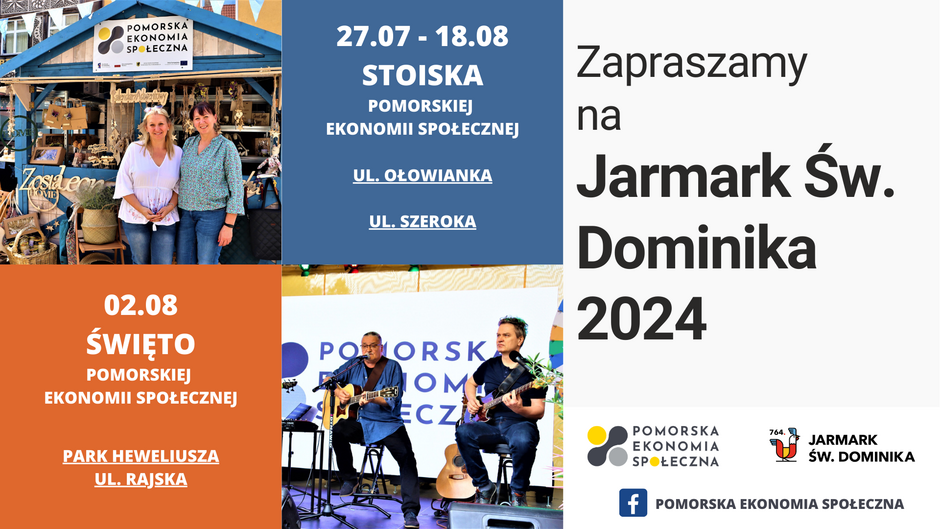 Plakat promujący Jarmark Św. Dominika 2024, organizowany przez Pomorską Ekonomię Społeczną, jest podzielony na kilka sekcji, które informują o różnych wydarzeniach i atrakcjach.