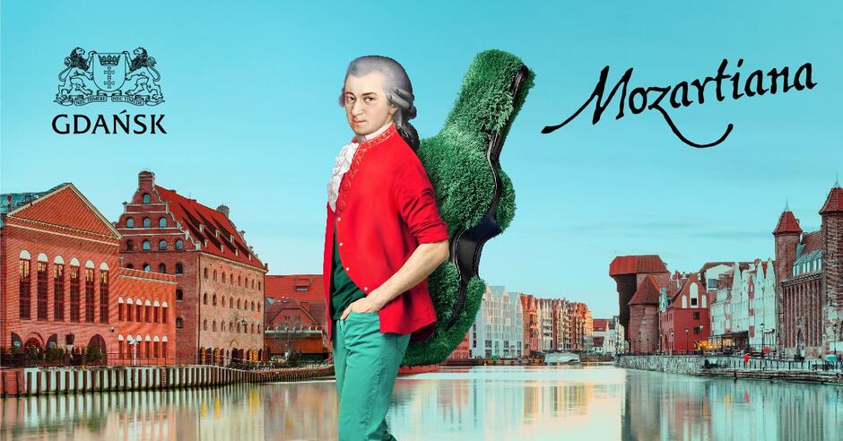 Mozart w otoczeniu zabudowań, znajdujących się nad Motławą 