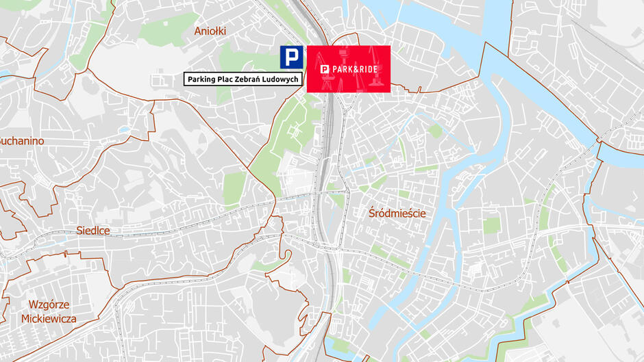 Na zdjęciu widoczna jest mapa fragmentu miasta, na której zaznaczono lokalizację parkingu "Park & Ride" przy Placu Zebrań Ludowych. Mapa przedstawia okolice Śródmieścia oraz sąsiednich dzielnic, takich jak Siedlce, Wzgórze Mickiewicza, Suchanino, Aniołki. Na mapie wyróżnione są także inne elementy miejskie, takie jak drogi i rzeki.