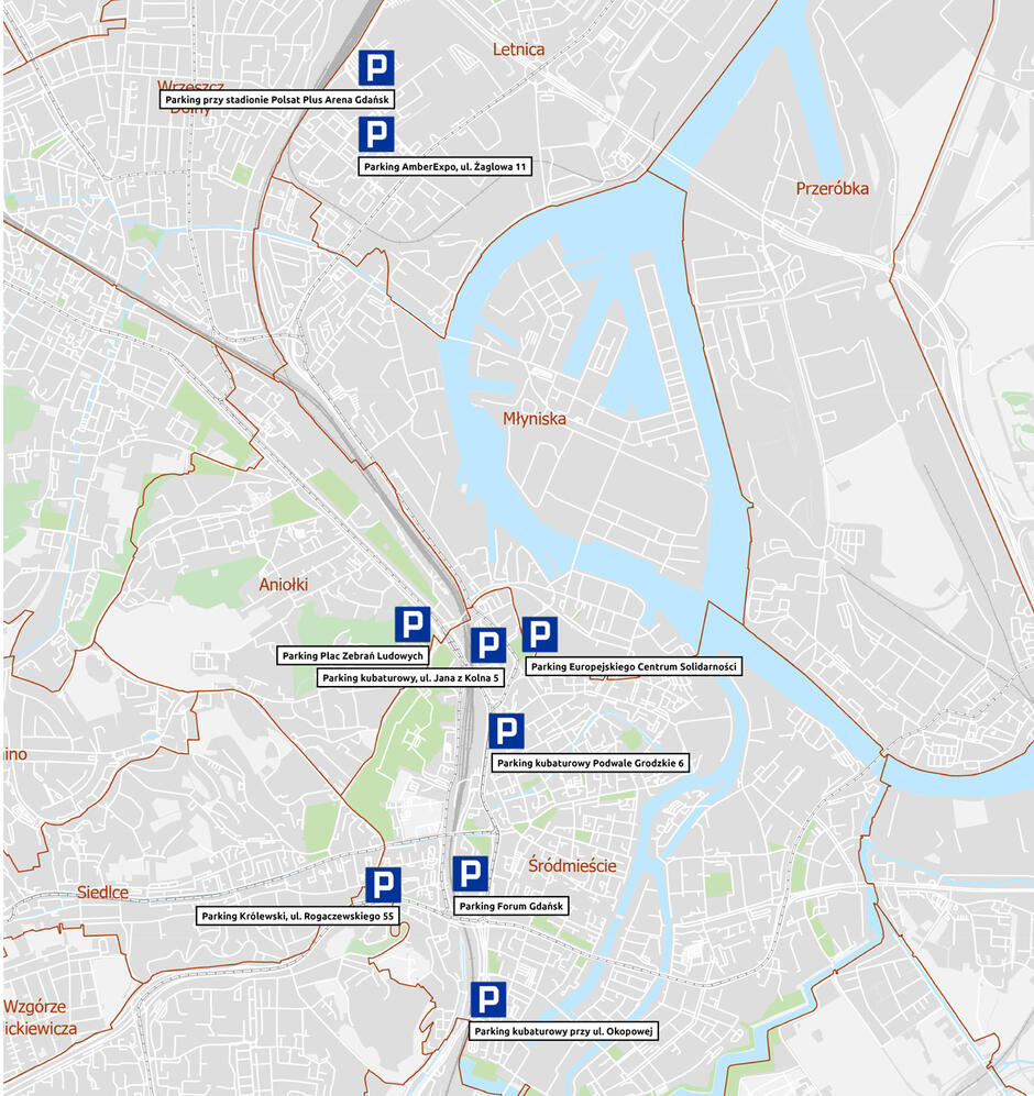 Na zdjęciu znajduje się mapa Gdańska, na której zaznaczone są lokalizacje kilku parkingów w mieście. Mapa obejmuje obszar od dzielnicy Wrzeszcz na północy po Śródmieście na południu. Na mapie zaznaczono następujące parkingi: Parking przy stadionie Polsat Plus Arena Gdańsk w dzielnicy Letnica. Parking AmberExpo przy ulicy Żaglowej 11. Parking Europejskiego Centrum Solidarności w Śródmieściu. Parking kubaturowy Podwale Grodzkie 6 w Śródmieściu. Parking kubaturowy przy ul. Jana z Kolna 5 w pobliżu Śródmieścia. Parking przy Placu Zebrań Ludowych w dzielnicy Aniołki. Parking Forum Gdańsk w Śródmieściu. Parking kubaturowy przy ul. Okopowej w Śródmieściu. Parking Królewski, ul. Rogaczewskiego 55 w pobliżu Siedlec