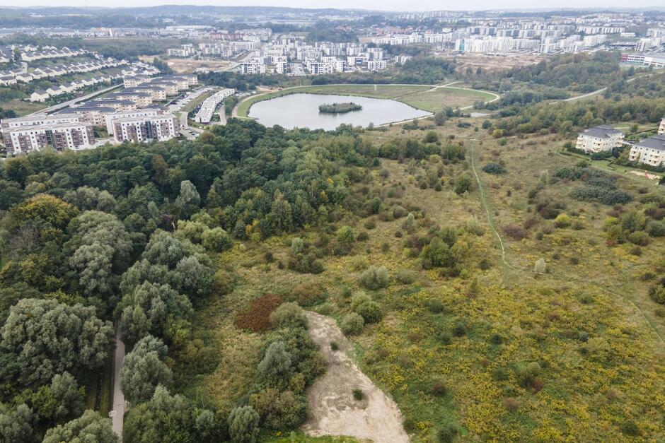 Zdjęcie zrobione w powietrzu, z drona. Centralnie widać tereny zielone, ze zbiornikiem wodnym. Wokół - osiedla mieszkaniowe