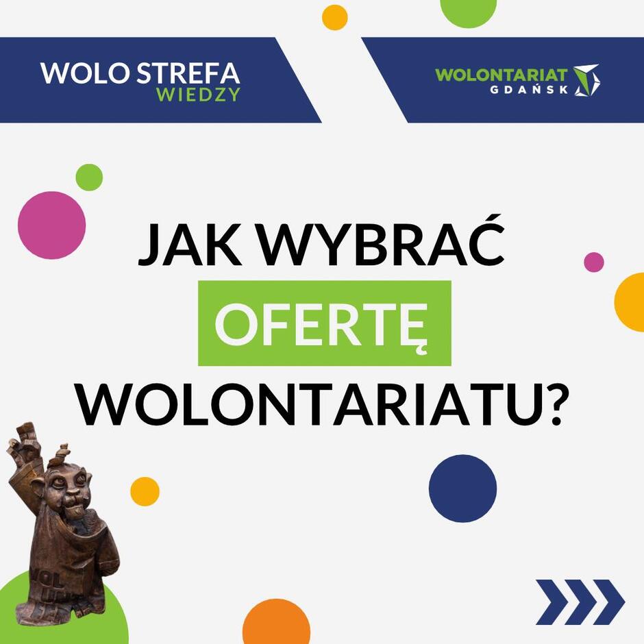 Grafika z napisem: jak wybrać ofertę wolontariatu , na której widoczne jest zdjęcie mosiężnej figurki lwa.