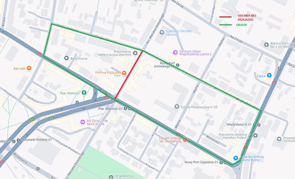 Mapka centrum Nowego portu z zaznaczonymi miejscami i ulicami, o których mowa w komunikacie
