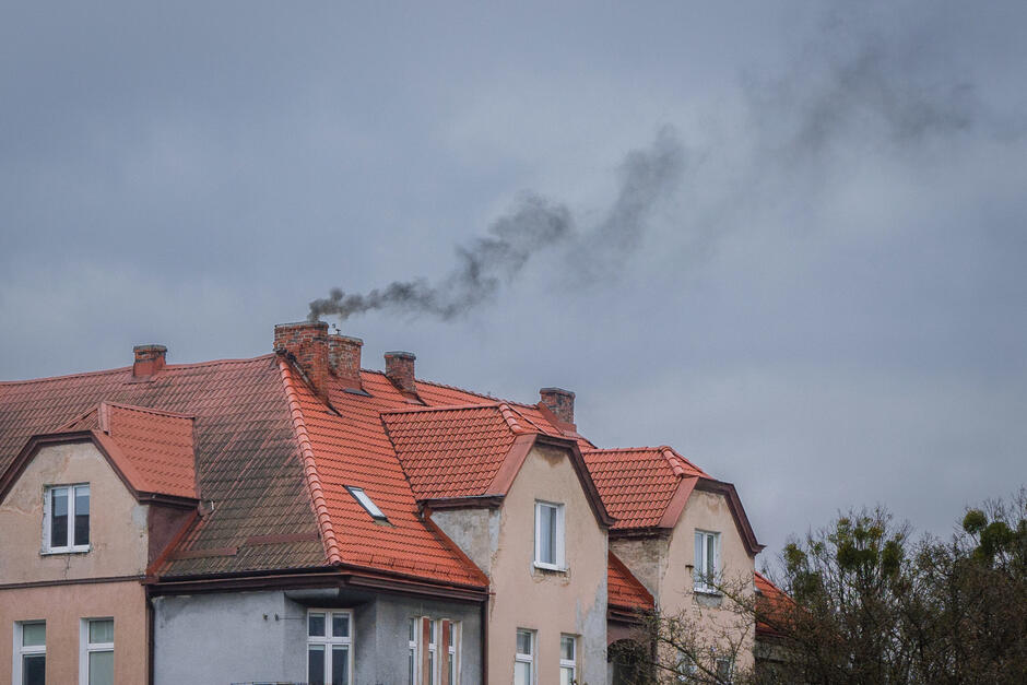 Zdjęcie przedstawia budynek mieszkalny z czerwoną dachówką, z którego komina unosi się czarny dym. Niebo jest zachmurzone, co podkreśla ponurą atmosferę, a dym może sugerować spalanie paliw stałych w piecu, co może być przyczyną zanieczyszczenia powietrza.