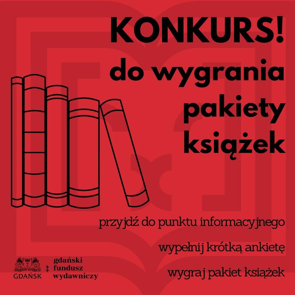 Plakat, na czerwonym tle rysunek książek i treść dot. konkursu