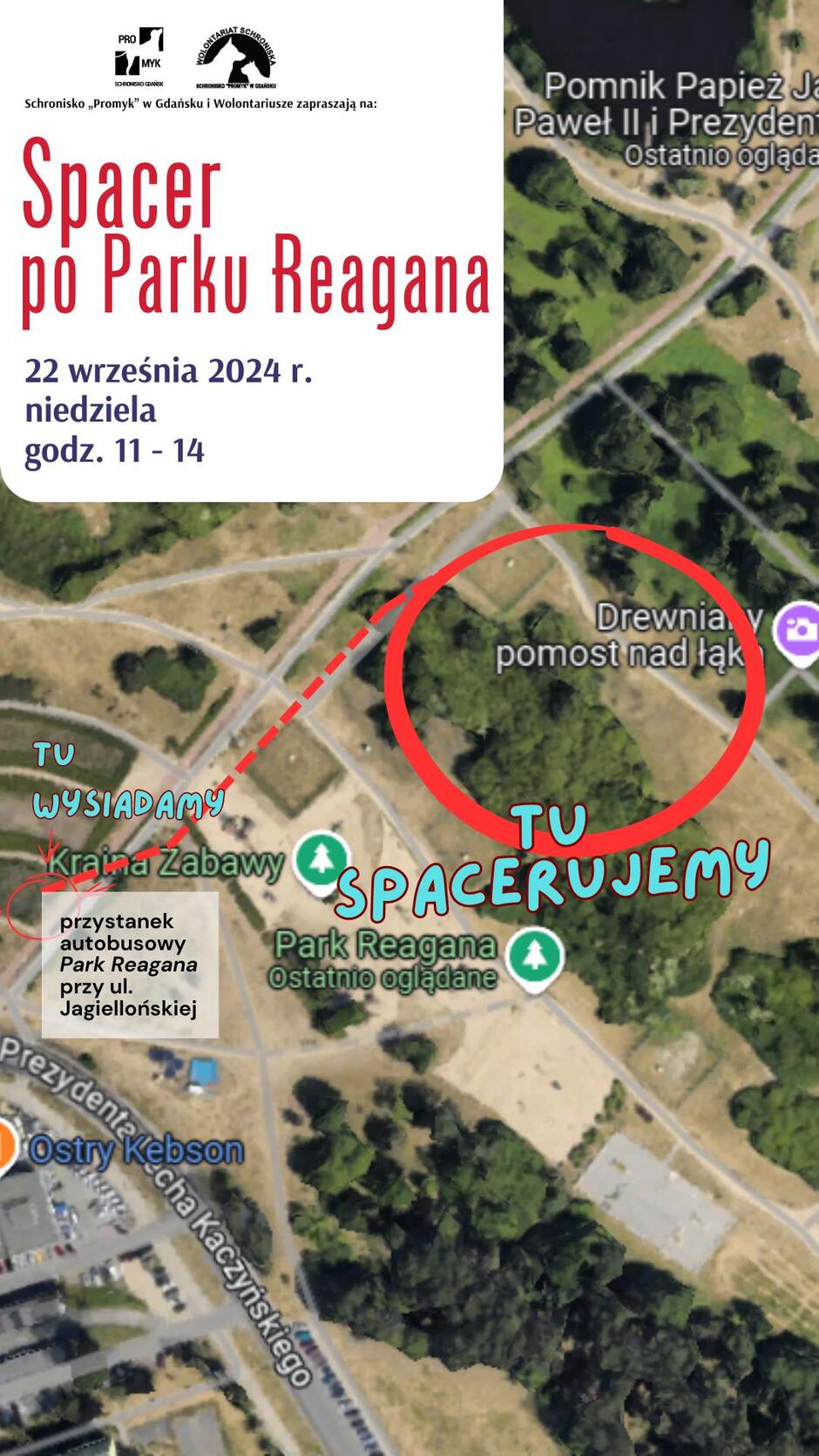 Mapka parku Reagana - widok z góry z zaznaczoną trasą spaceru 