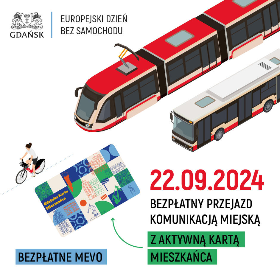 Grafika informujaca o bezpłatnych jazdach transportem miejskim i rowerami miejskimi.