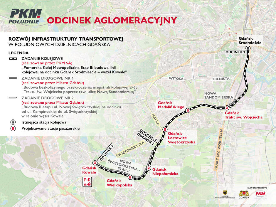 Mapa przedstawiająca przebieg planowanej kolei metropolitarnej.