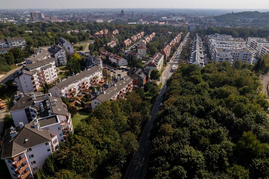 Na zdjęciu widoczny jest park graniczący z osiedlem mieszkaniowym w Gdańsku, gdzie widać nowoczesne budynki otoczone zielenią oraz alejkami. W tle rozciąga się panorama miasta, ukazując dalsze dzielnice z gęsto rozmieszczonymi budynkami, a także tereny zalesione.