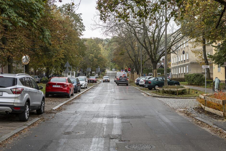 na zdjęciu ulica, po środku widać nawierzchnię asfaltową, w tle kilka zaparkowanych samochodów po obu stronach ulicy