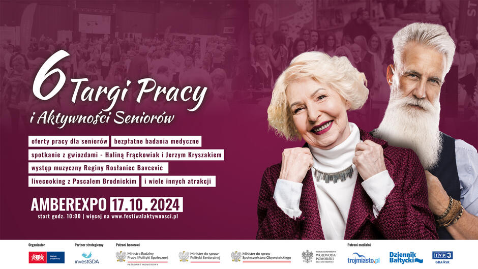 Grafika informująca o Targach Pracy i Aktywności Seniorów w Gdańsku, na której umieszczono oprócz informacji tekstowych zdjęcia starszej kobiety i starszego mężczyzny. Kobieta jest ubrana elegancko, mężczyzna ba długą, siwą brodę w stylu drwala i opaski na ręku. Oboje uśmiechają się.