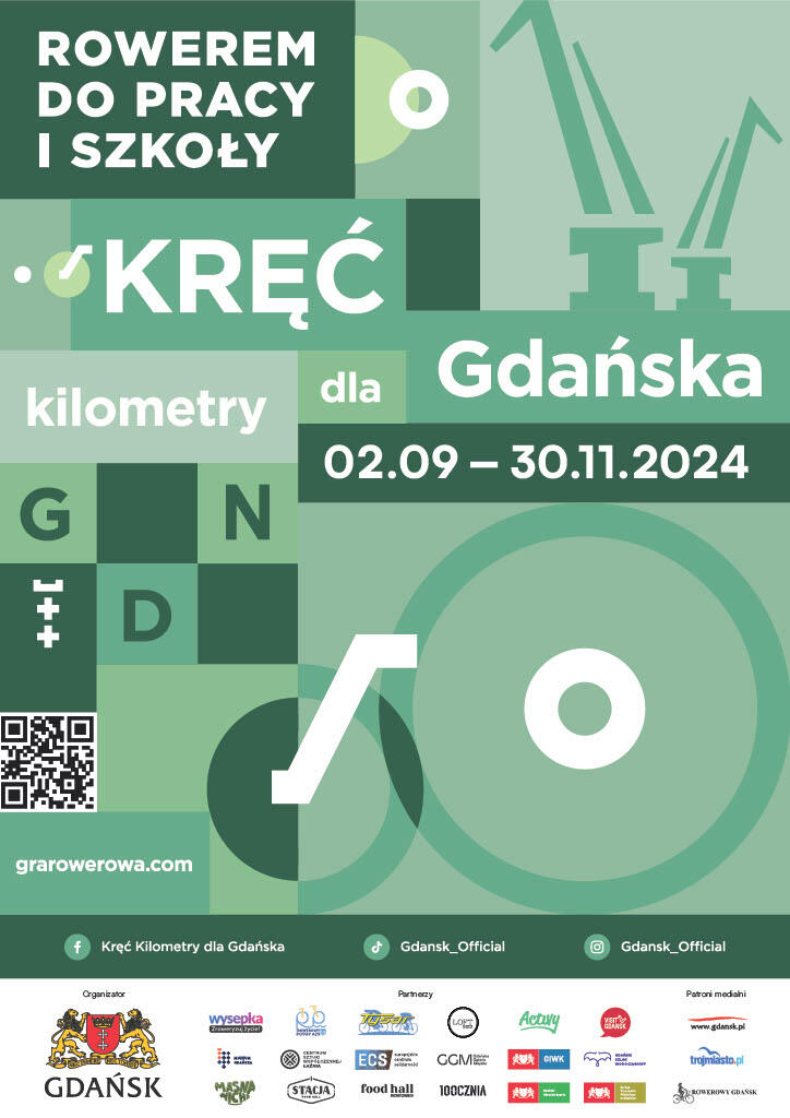 Plakat promuje kampanię „Kręć kilometry dla Gdańska” odbywającą się od 2 września do 30 listopada 2024 roku, zachęcającą do dojazdów rowerem do pracy i szkoły. Użyto nowoczesnej grafiki z elementami nawiązującymi do miasta Gdańska, a na dole widoczne są logotypy organizatorów, partnerów oraz patronów medialnych tej akcji.