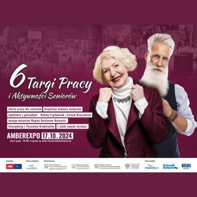 Plakat Targi Pracy. Para uśmiechniętych seniorów z prawej strony. Z lewej napis ^ Targi Pracy i Aktywności Seniorów. Niżej pasek z logotypami partnerów