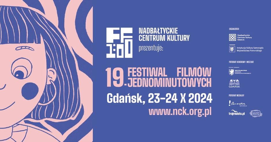 Plakat promuje 19. Festiwal Filmów Jednominutowych, który odbędzie się w Gdańsku w dniach 23-24 października 2024 roku. Na plakacie widnieje rysunkowa postać na tle niebiesko-różowej grafiki, a pod nią umieszczono informacje o festiwalu oraz stronie internetowej Nadbałtyckiego Centrum Kultury, które jest organizatorem wydarzenia.