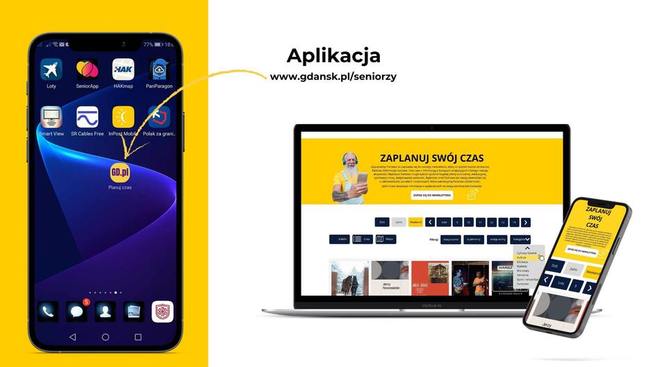 Grafika obrazująca działanie ikonki na telefon, która przenosi użytkownika bezpośrednio na Gdański Portal Senioralny, który jest podstroną portalu gdansk.pl. po lewej stronie obraz ekranu telefonu z ikonką. Po prawej obraz ekranu komputera i smartfona z wyświetloną stroną senioralną