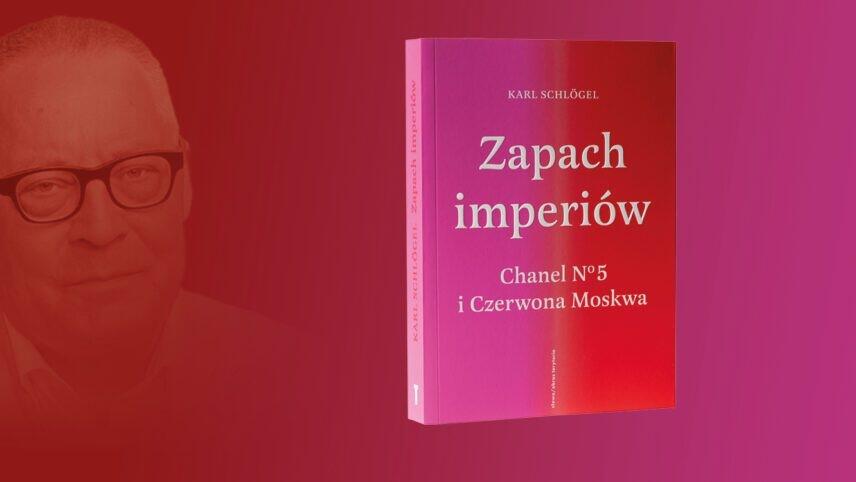 Ilustracja w czerwonej tonacji kolorystycznej, widoczna jest twarz autora i okładka książki Zapach Imperiów