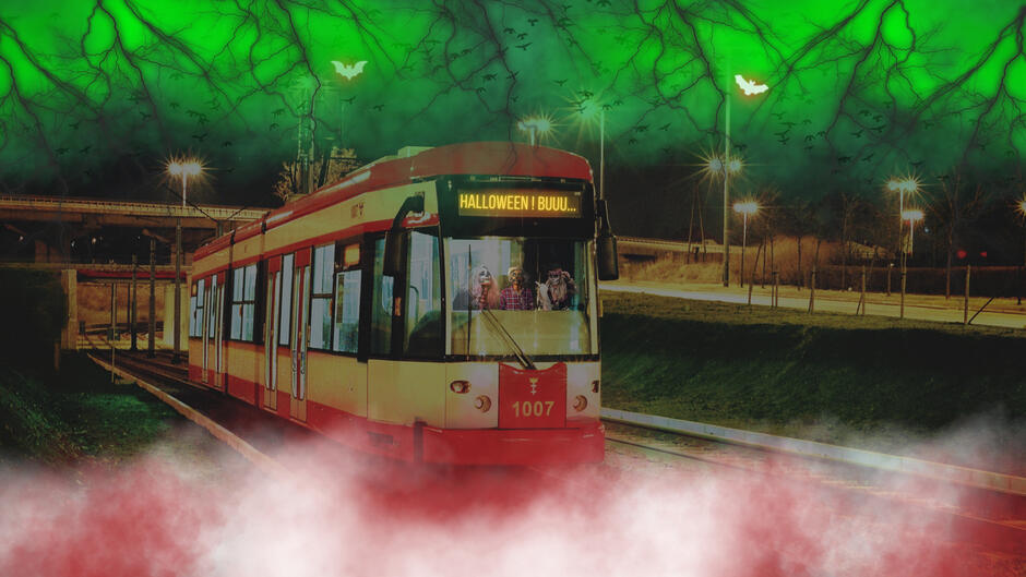 Grafika z tramwajem na halloween.