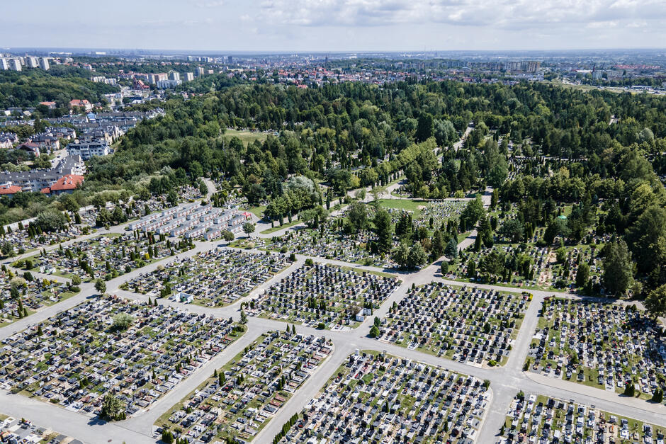 Zdjęcie przedstawia rozległy cmentarz widziany z lotu ptaka. Groby są ułożone w uporządkowane sekcje, rozdzielone szerokimi alejkami, które ułatwiają poruszanie się po terenie. Każda sekcja składa się z równych rzędów nagrobków, co tworzy symetryczny i geometryczny wzór. Na cmentarzu znajduje się dużo zieleni – pomiędzy alejkami rosną drzewa, a w tle widać gęsty las. W oddali rozciąga się panorama miasta z budynkami na horyzoncie. Całość tworzy spokojny, zadbany krajobraz, łączący elementy miejskie z przyrodą.