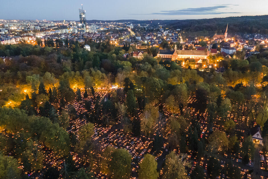 Zdjęcie przedstawia cmentarz nocą, rozświetlony tysiącami zapalonych zniczy na grobach. Ogień ze zniczy tworzy ciepłą, pomarańczową poświatę, która kontrastuje z ciemnością otaczających drzew. Światła układają się w równe linie, podkreślając uporządkowany układ grobów. Drzewa, które przerywają rzędy nagrobków, dodają głębi i tajemniczości, tworząc niemal magiczną atmosferę. Zdjęcie oddaje uroczysty i refleksyjny nastrój, przywodzący na myśl obchody dnia Wszystkich Świętych, kiedy cmentarze w Polsce są odwiedzane przez bliskich, którzy upamiętniają zmarłych.