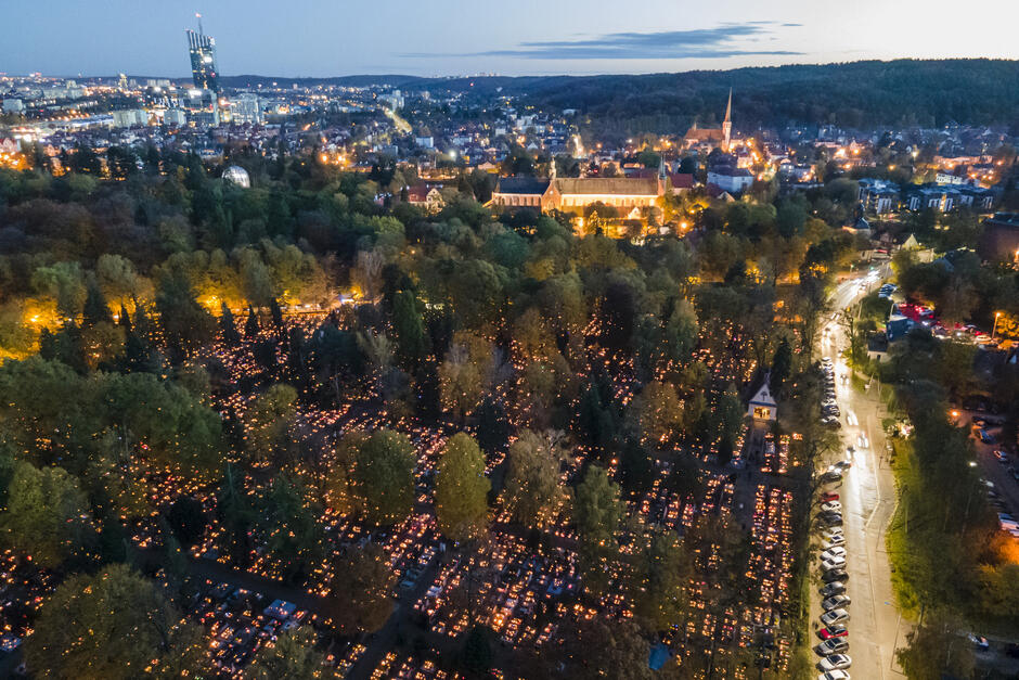 Zdjęcie przedstawia cmentarz nocą, rozświetlony tysiącami zapalonych zniczy na grobach. Ogień ze zniczy tworzy ciepłą, pomarańczową poświatę, która kontrastuje z ciemnością otaczających drzew. Światła układają się w równe linie, podkreślając uporządkowany układ grobów. Drzewa, które przerywają rzędy nagrobków, dodają głębi i tajemniczości, tworząc niemal magiczną atmosferę. Zdjęcie oddaje uroczysty i refleksyjny nastrój, przywodzący na myśl obchody dnia Wszystkich Świętych, kiedy cmentarze w Polsce są odwiedzane przez bliskich, którzy upamiętniają zmarłych.