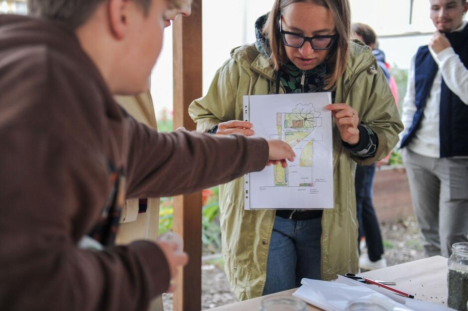 Dwie osoby oglądają kartkę z planem