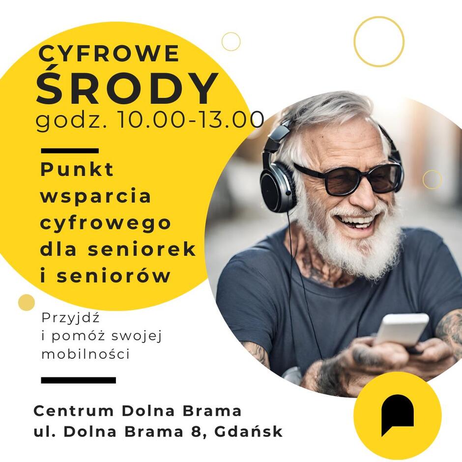 Banner informujący o punkcie wsparcia w Centrum Dolna Brama. Na zdjęciu uśmiechnięty starszy mężczyzna z brodą, tatuażem na ręku i telefonem komórkowym. Tekst jak w opisie