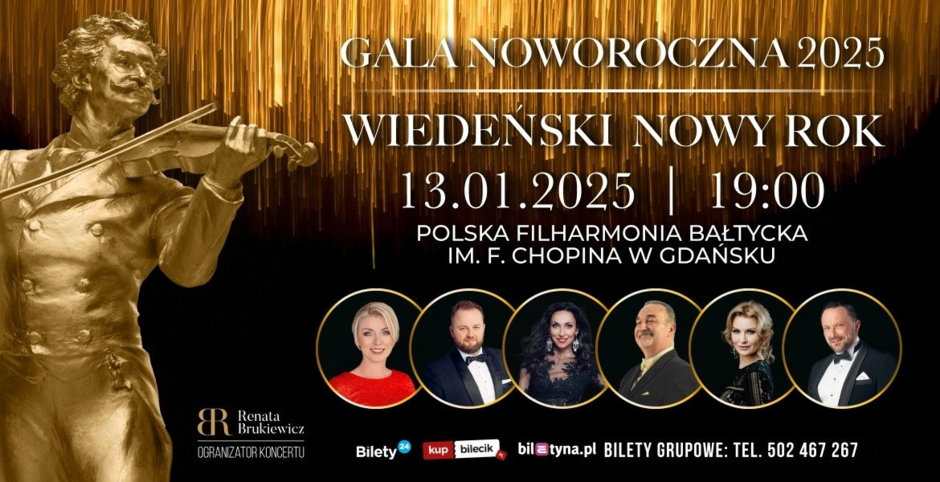 Banner reklamujący gale. Fotografie wykonawców, tytuł miejsce i godziny jak w opisie. Po lewej stronie złota grafika skrzypka. Informacja o biletach jak w opisie