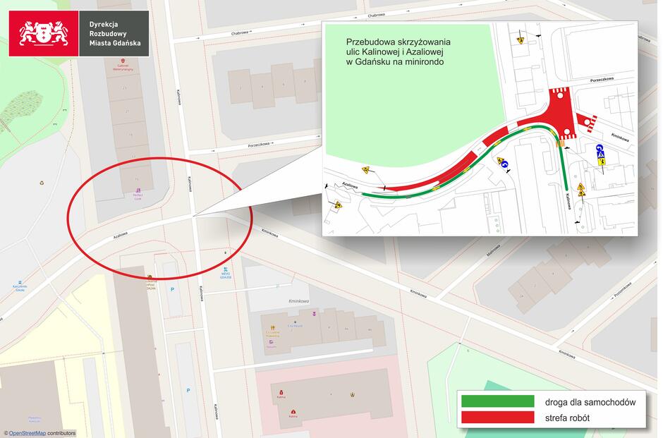 Mapa miasta z zaznaczonym miejscem budowy ronda i zmianą organizacji ruchu