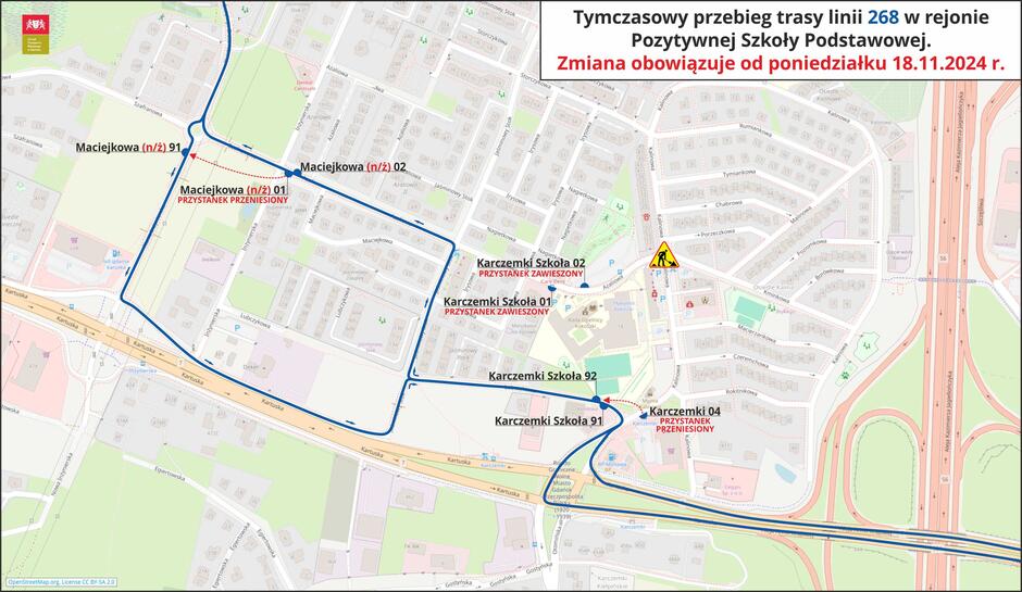 Grafika z mapą miasta z zaznaczonym tymczasowym przebiegiem trasy linii 268.