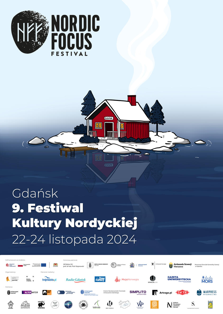 Plakat promuje 9. Festiwal Kultury Nordyckiej w Gdańsku, który odbędzie się w dniach 22-24 listopada 2024 roku. Centralnym elementem graficznym jest ilustracja czerwonego domku-sauny otoczonego zimowym krajobrazem, a poniżej widnieje lista partnerów i sponsorów wydarzenia.