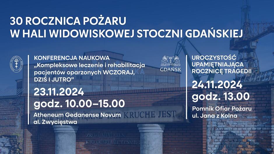 Baner koloru granatowego, na którym białe napisy informują o uroczystości w niedzielę i konferencji naukowej w sobotę - wszystkie te informacje są także w artykule