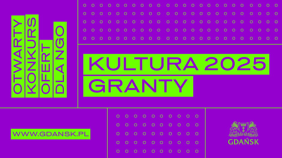 Na grafice promowane jest otwarty konkurs ofert dla NGO w ramach programu „Kultura 2025 – Granty”. Projekt graficzny jest utrzymany w intensywnych kolorach: fioletowym tle z neonowymi, zielonymi napisami, co nadaje mu nowoczesny i wyrazisty charakter. Tekst został rozmieszczony w prostokątnych sekcjach, podkreślając kluczowe informacje. W dolnej części grafiki umieszczono adres strony internetowej www.gdansk.pl oraz herb Gdańska. Tło wzbogacone jest o wzór złożony z małych okręgów, dodających wizualnej dynamiki. Projekt kierowany jest do organizacji pozarządowych (NGO) zainteresowanych uzyskaniem wsparcia finansowego na działania kulturalne.