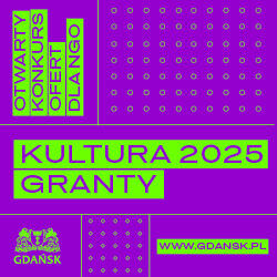 Na kwadratowej grafice promowany jest otwarty konkurs ofert dla NGO w ramach programu Kultura 2025 – Granty. Projekt graficzny utrzymano w charakterystycznej kolorystyce neonowej zieleni na fioletowym tle, co przyciąga uwagę i nadaje nowoczesny styl. W lewym dolnym rogu umieszczono herb Gdańska, a w prawym dolnym rogu adres strony internetowej www.gdansk.pl, gdzie można uzyskać więcej informacji. Tło zdobią regularne wzory małych okręgów, które dodają dynamiki i spójności z innymi elementami graficznymi. Całość ma minimalistyczny i uporządkowany układ, a komunikat skierowany jest do organizacji pozarządowych zainteresowanych pozyskiwaniem grantów na działania kulturalne.