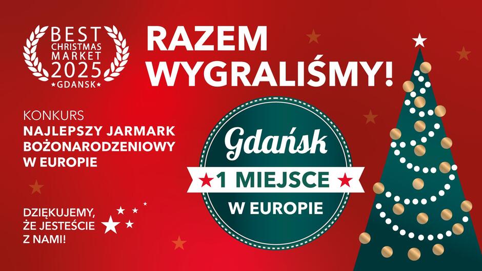 grafika ma czerwonym tle: Jarmark Bożonarodzeniowy na 1 miejscu Best Christmas Market 2025