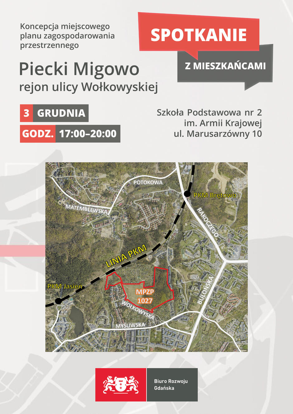 Plakat zapraszający na spotkanie w dzielnicy Piecki Migowo. W środku mapa