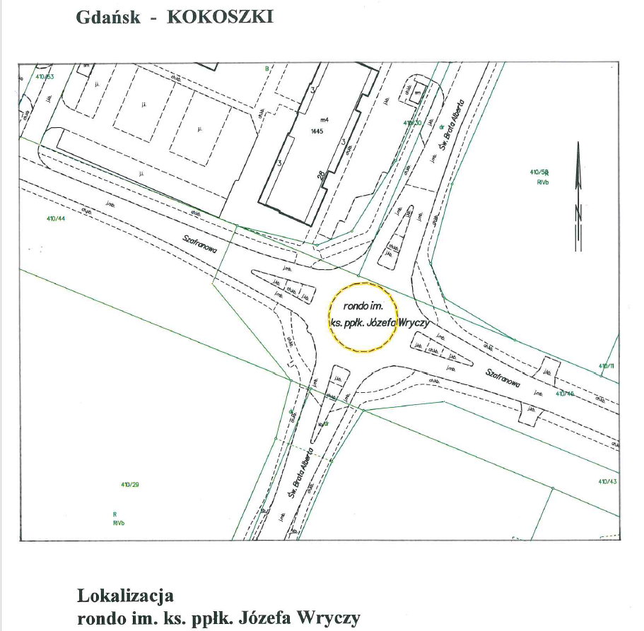 Zdjęcie przedstawia mapę fragmentu dzielnicy Kokoszki w Gdańsku z zaznaczonym rondem imienia ks. ppłk. Józefa Wryczy. Rondo znajduje się na skrzyżowaniu ulic Szafirowej i św. Brata Alberta, a jego lokalizacja jest oznaczona w centralnej części mapy żółtym okręgiem