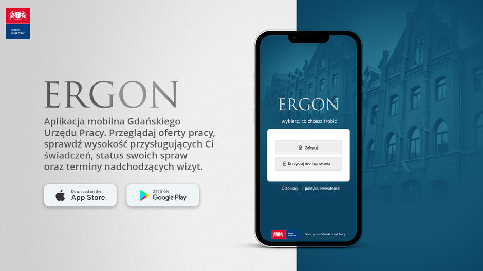 Plansza informacyjna Ergon - aplikacja mobilna. Po prawej rysunek telefonu komórkowego, po lewej napisy