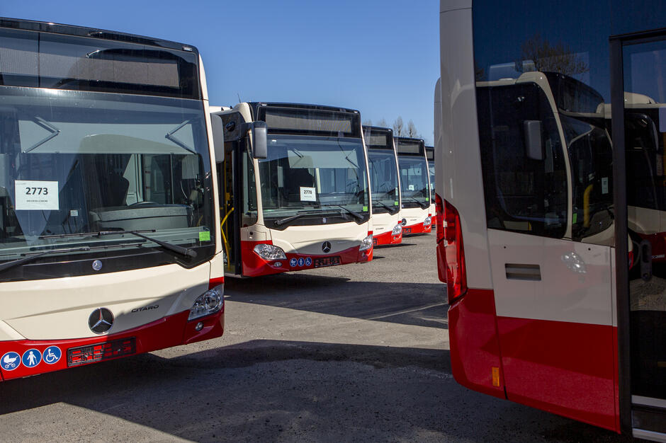 autobusy w zajezdni autobusowej, kilka pojazdów koloru czerwonego 