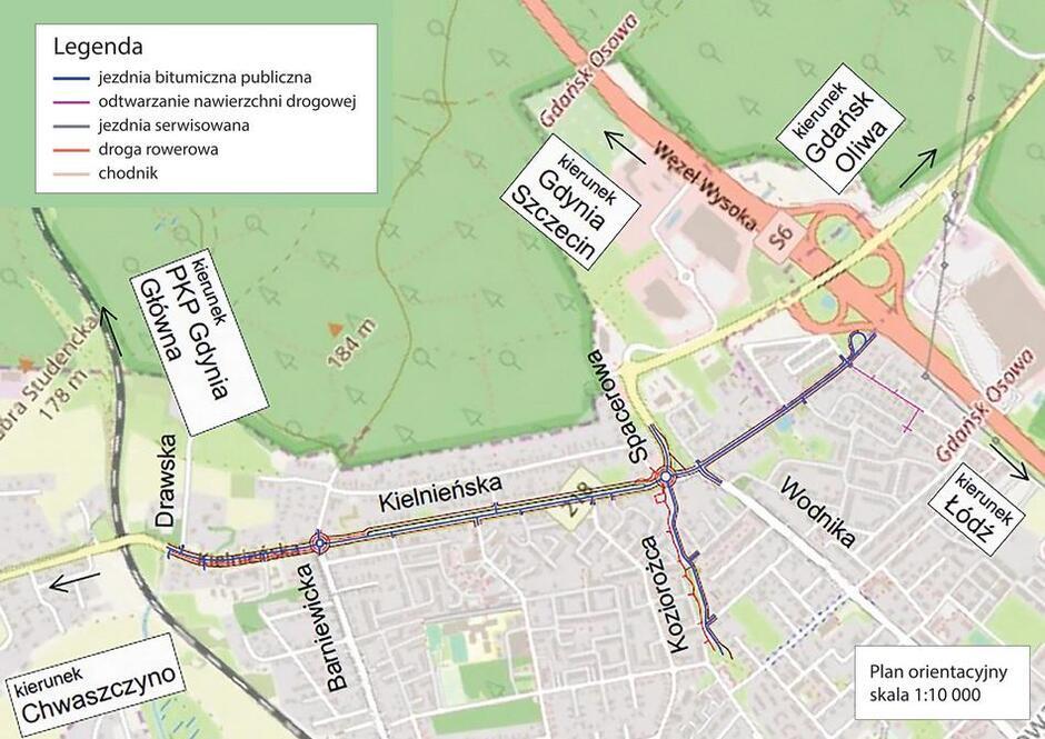 Mapa przedstawia plan orientacyjny dotyczący przebudowy ulicy Kielnieńskiej oraz jej okolic w skali 1:10 000.