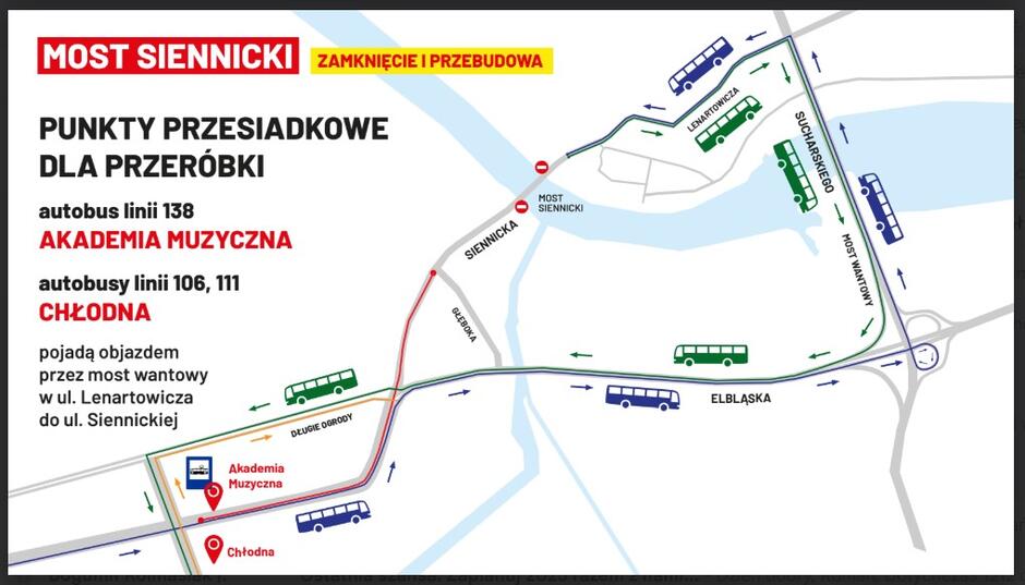 Mapka ze schematem trasy autobusów 106, 111, 138