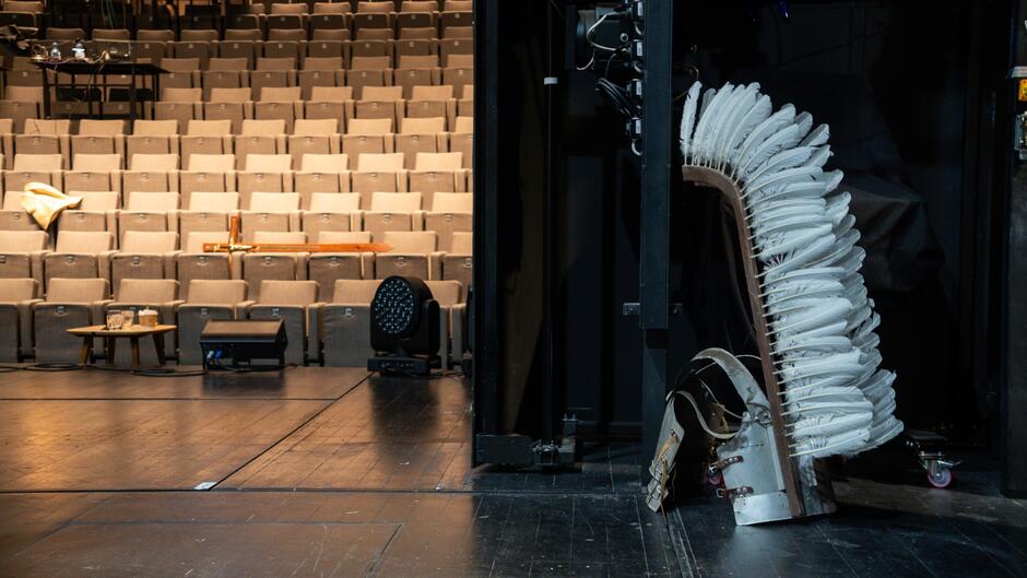Zdjęcie przedstawia fragment sceny teatralnej, na której widać elementy garderoby – husarskie skrzydła oraz zbroję – ustawione obok kulis