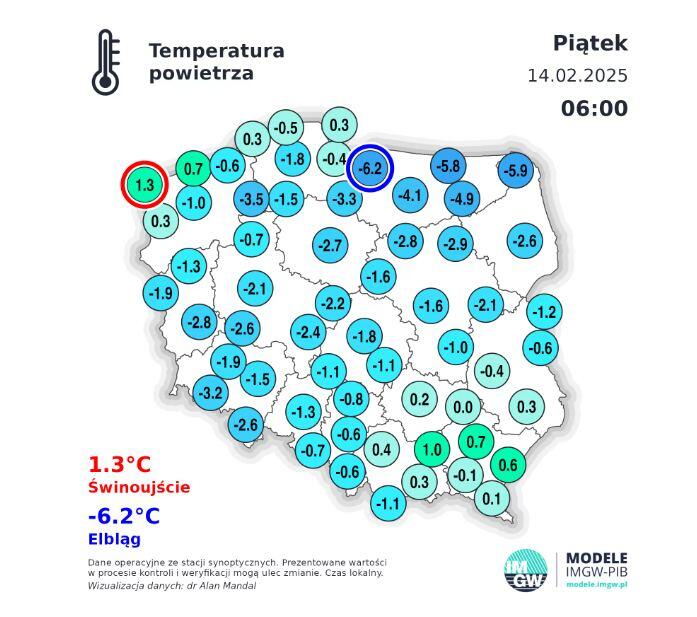 Obraz przedstawia prognozę pogody na piątek, 14 lutego 2025 roku dla Polski w ciągu dnia.